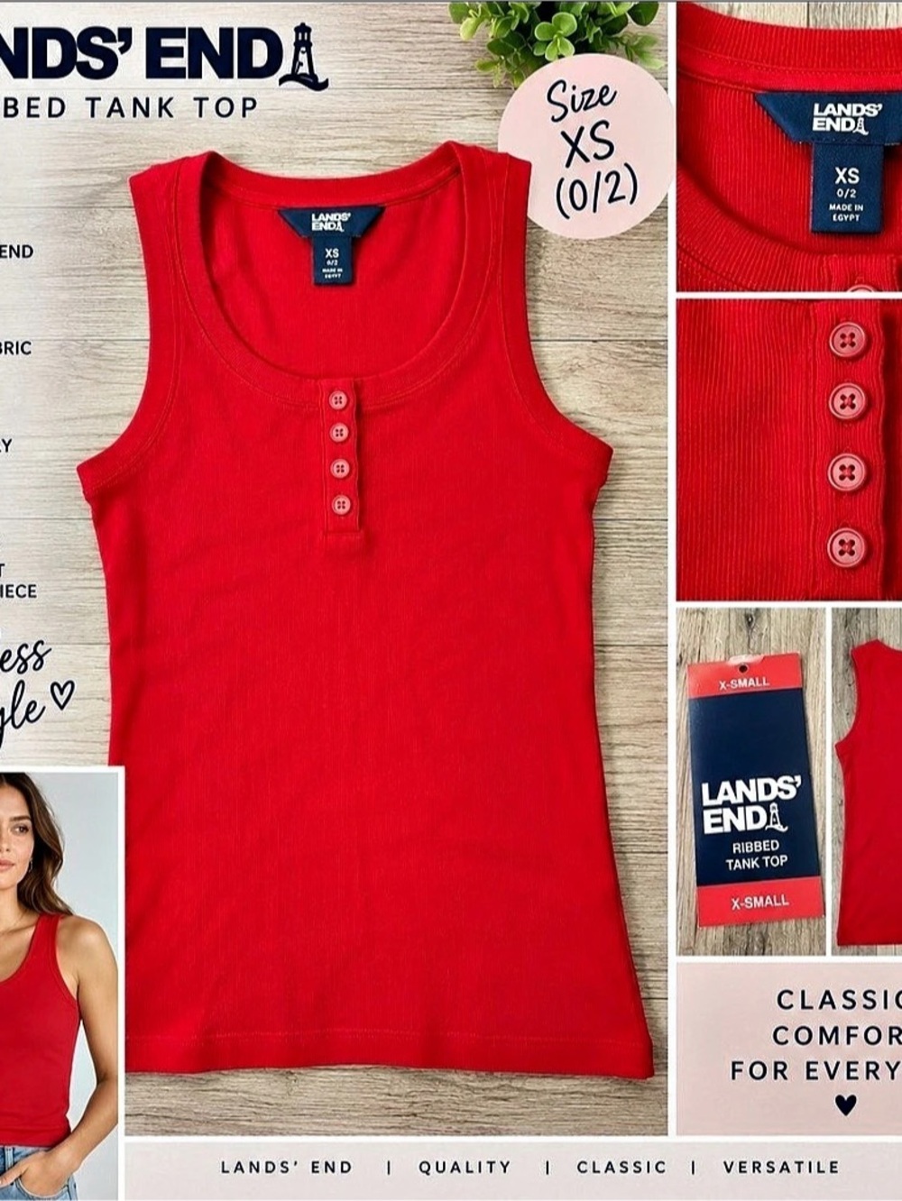 Lands’ End Women’s Red Ribbed Tank Top XS 0/2 NWT